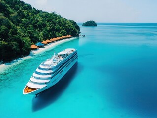 Fototapeta premium A cruise ship floating on a bright turquoise sea, with vibrant green hills and colorful beach huts on the horizon, tropical and cheerful