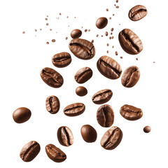 Roasted coffee beans falling, isolated on a white background