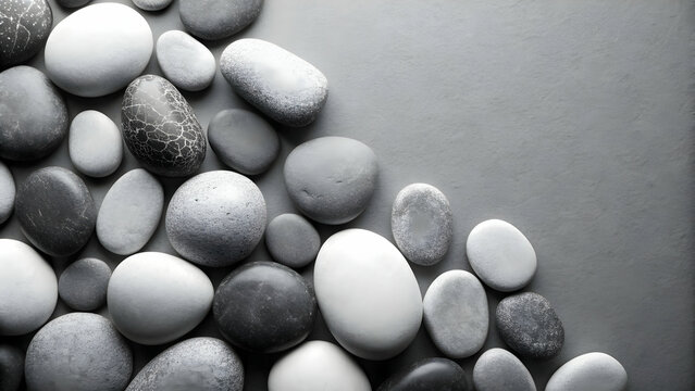 Minimalistic pattern of black and white pebbles, monochrome, stones, texture, background, design, natural, contrast, composition