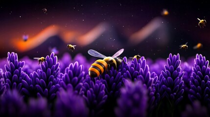 Honeybee Harmony: A lone honeybee rests among a field of lavender blossoms, bathed in the warm light of a setting sun, as a swarm of its brethren buzzes around it in a symphony of nature.  