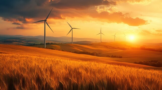 majestic wind turbines at sunset golden wheat field dramatic sky with wispy clouds rolling hills ecofriendly energy concept warm color palette