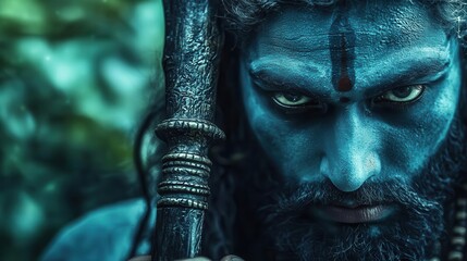 Vishnu as Parashurama, wielding an axe, ready for battle in a lush ancient forest, Parashurama, avatar, warrior mythology