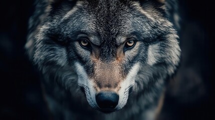majestic wolf portrait intense closeup of adult wolfs face against pitchblack background piercing eyes and detailed fur texture create a powerful primal image