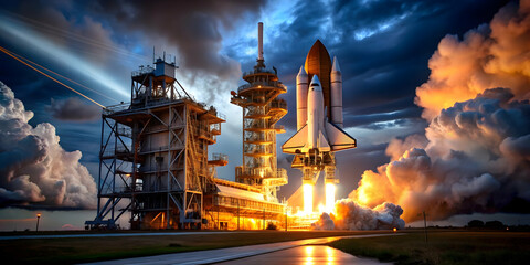 Dramatic night scene at a bustling space shuttle launchpad , space shuttle, launch, night, dramatic