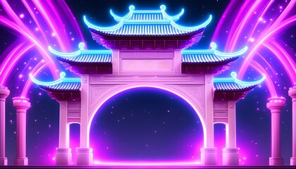 traditional chinese arch glowing in vibrant neon purple and pink lights