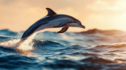 Fototapeta premium Dolphin Jumping Against Ocean Horizon at Sunset