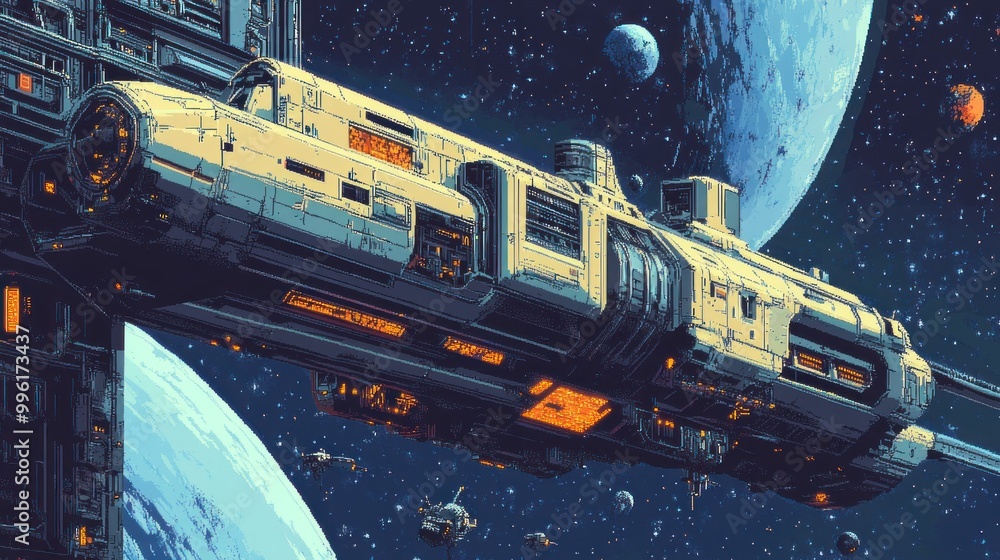 Poster futuristic spaceship docked to a space station with planets and stars in the background