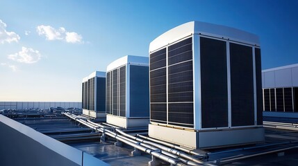 Obraz premium massive industrial air conditioning units dominate a rooftop their stark white forms contrasting against a vivid blue sky crisp details highlight modern engineering