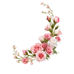 pink rose eustoma and gypsophila flowers in a corner floral arrangement isolated on white or transparent background