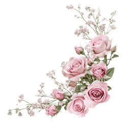 pink rose eustoma and gypsophila flowers in a corner floral arrangement on white or background