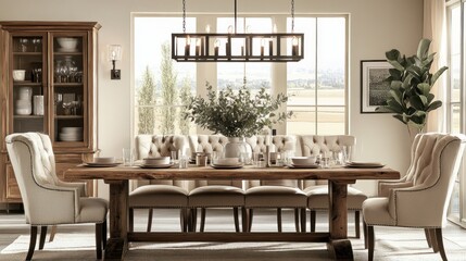 Obraz premium Rustic Dining Room with Wooden Table and Upholstered Chairs