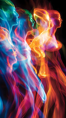 Obraz premium Abstract Digital Art Illustration of Colorful Figures with Flowing Lines and Glowing Aura on Black Background