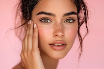 Fototapeta premium Stunning Latina woman with radiant skin and soft makeup gently touches her cheek in this close-up portrait against a pink background. with generative ai