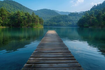 Tranquil Lake View Wooden Pier Nature Scene Serene Environment Scenic Perspective