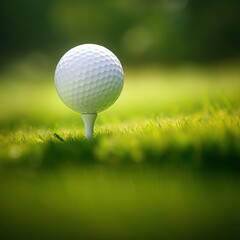 photo of a close up the golf ball on tee pegs ready to play, light green, natural light.