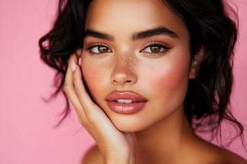 Obraz premium Stunning Latina woman with radiant skin and soft makeup gently touches her cheek in this close-up portrait against a pink background. with generative ai