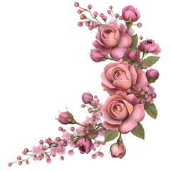 Isolated on a white or transparent background, a corner floral arrangement with pink roses, eustoma, and gypsophila flowers