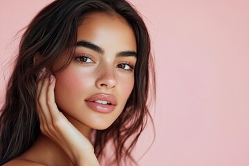 Fototapeta premium Stunning Latina woman with radiant skin and soft makeup gently touches her cheek in this close-up portrait against a pink background. with generative ai