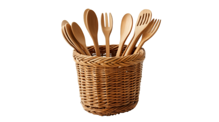 a basket full of wooden spoons and forks.