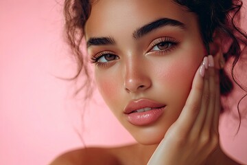 Fototapeta premium Stunning Latina woman with radiant skin and soft makeup gently touches her cheek in this close-up portrait against a pink background. with generative ai