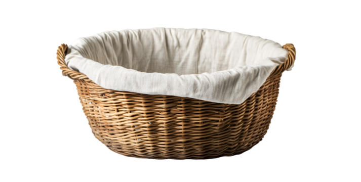 a basket with a white cloth inside. 