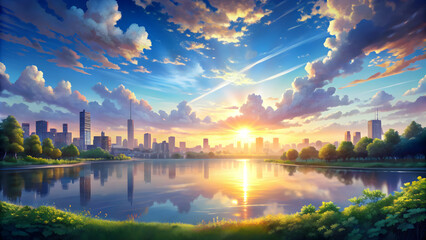 Anime style cityscape of a summer sunrise over a lake with clouds, sunshine, and city skyline in the background, Anime