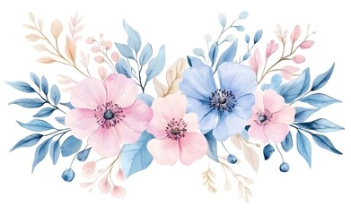 Watercolor floral bouquet with pink, blue, and red flowers on a white background illustration clipart.