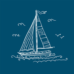 Sailing yacht, vector line art.