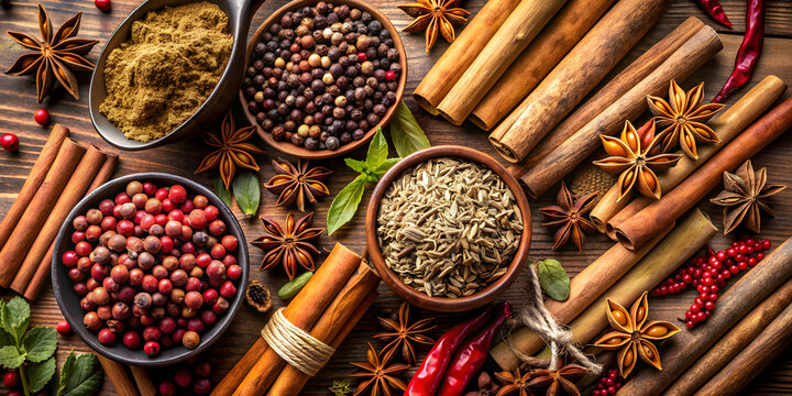 Still life arrangement of various spices including cinnamon sticks, star anise, peppercorns, and cumin seeds