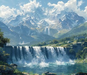 Fototapeta premium A large dam with three waterfalls cascading into a serene lake surrounded by majestic mountains and clear blue skies