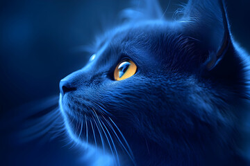Close-up Photography of a Blue Cat's Face with Golden Eyes Looking Upwards in a Low Light Setting