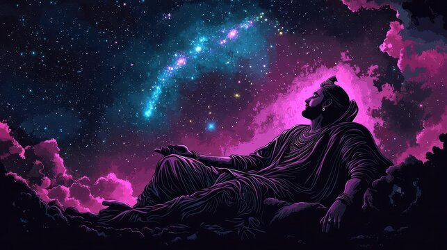 Vishnu reclining on Ananta Shesha under the cosmic ocean, the creation of the universe symbolized by galaxies in his breath, Vishnu and Shesha, creation, cosmic