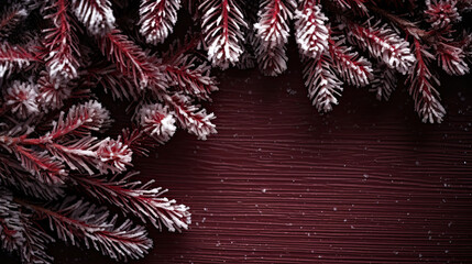 Snowy spruce branches on a dark maroon wood background