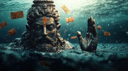 Vishnu s Matsya avatar, halfman, halffish, emerging from the water, ancient texts and artifacts floating around, Matsya avatar, mythological scene, surreal
