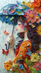 Elegant Woman Under an Umbrella: Vibrant 3D Paper Quilling Art with Flowers and Butterflies
