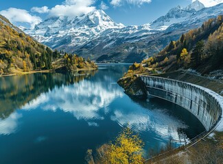 Aerial view dam surrounded by alpine mountains and reflecting water
