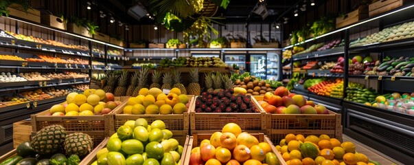 A supermarket with lots of fresh and healthy fruits and vegetables on shelves