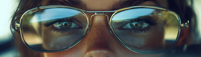 Closeup of a Woman's Eye Gazing Through Sunglasses with a Blurry Landscape Reflection