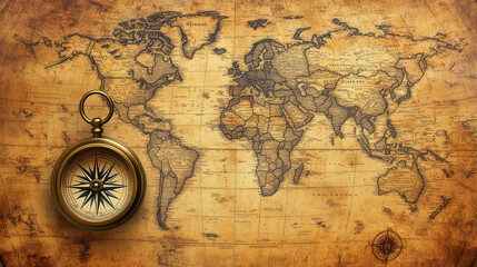 Na tle starożytnej mapy świata, pokrytej zż&oacute;łkniętymi brzegami i delikatnymi rysunkami, spoczywa elegancki kompas, kt&oacute;ry wydaje się opowiadać historię minionych podr&oacute;ży.