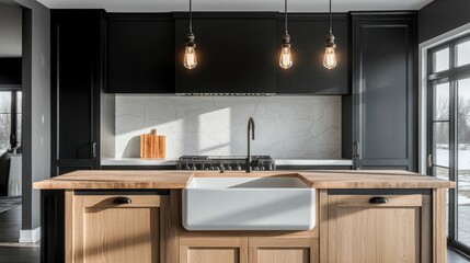A modern farmhouse kitchen with matte black cabinetry