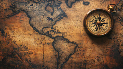 Na tle starożytnej mapy świata, pokrytej zż&oacute;łkniętymi brzegami i delikatnymi rysunkami, spoczywa elegancki kompas, kt&oacute;ry wydaje się opowiadać historię minionych podr&oacute;ży.