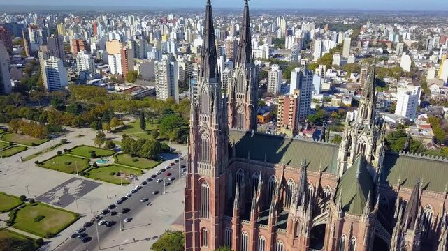 Cathedral of La Plata, Immaculate Conception Cathedral, city of La Plata, Buenos Aires. Aerial shot with drone.