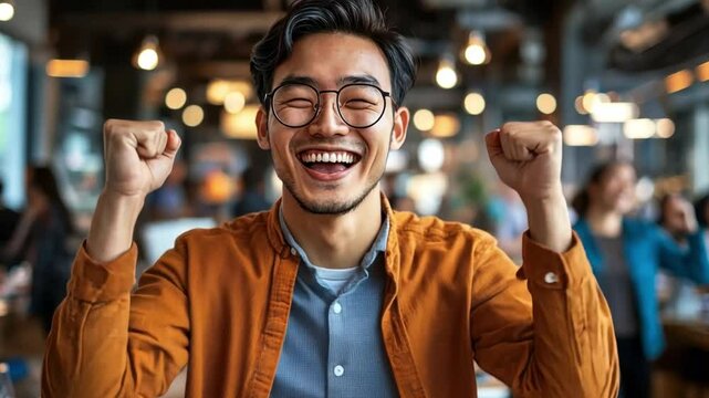 An Asian entrepreneur running a digital startup, celebrating a successful product launch with team members in a sleek, tech-focused office.