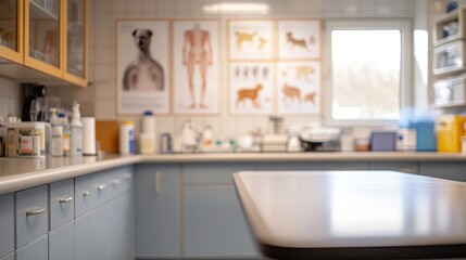 A modern veterinary clinic interior with examination table, medical supplies, and educational posters on the walls, empty mockup for product presentation