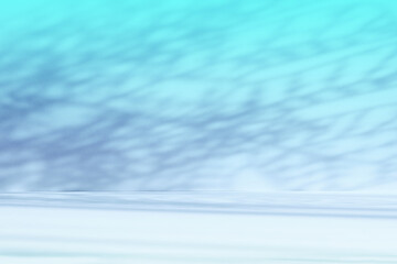 Abstract blue color gradient studio background for product presentation. Empty room with shadows of flowers and plant leaves. 3d room with copy space. Summer concept. Blurred backdrop