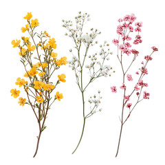 Set of yellow,white,pink limonium flowers isolated on white or transparent background