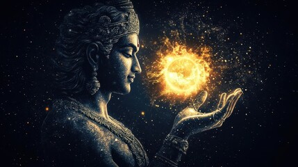 Vishnu with a glowing chakra hovering above his hand, ready to strike cosmic enemies, Vishnu with Sudarshan Chakra, cosmic defense, divine power