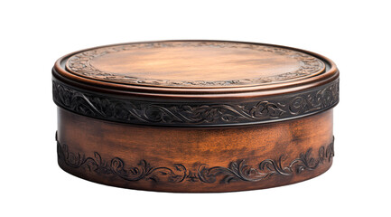 a round wooden box with a black border. 