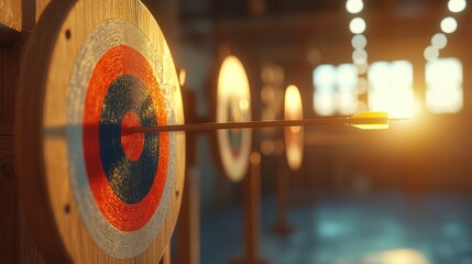 An arrow strikes a colorful target in a serene indoor archery range, illuminated by warm sunset light. Perfect for sports themes.