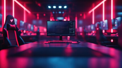 Futuristic gaming setup featuring a sleek monitor with vibrant neon lights and an empty gaming chair, perfect for tech enthusiasts, empty mockup for product presentation